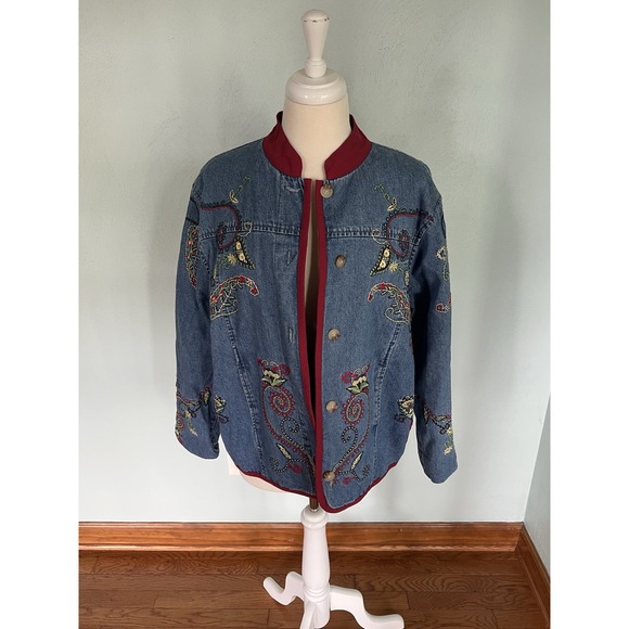 Orvis Denim Embroidered Button Front Jacket Sz L Grannycore Autumn Paisley cabin - Picture 1 of 7